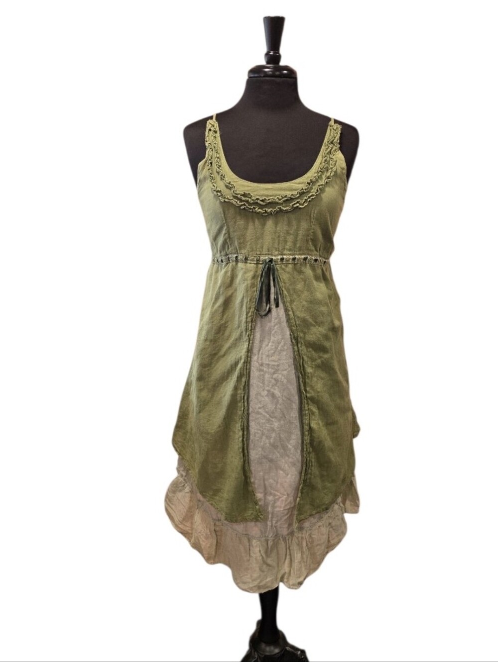 Vintage Y2K Festival Olive Green and Cream Layered Midi Dress Renaisance